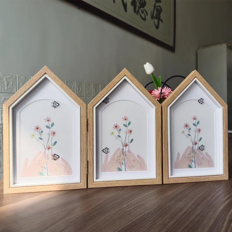 创意三联木质相框房子造型连体框相片框6寸7寸摆台双面折叠相架