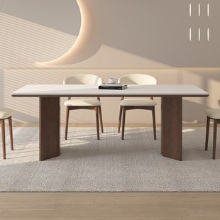 德利丰实木岩板餐桌全托长方形y家用奶油中古风小户型高级感饭桌