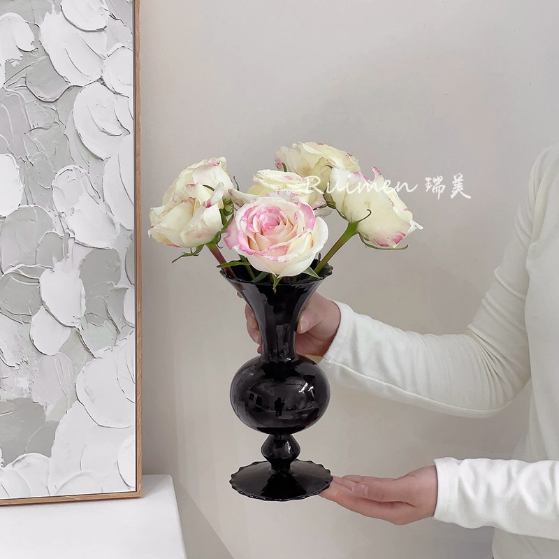 众中古玻璃花器黑花瓶养插花鲜花玄关民宿