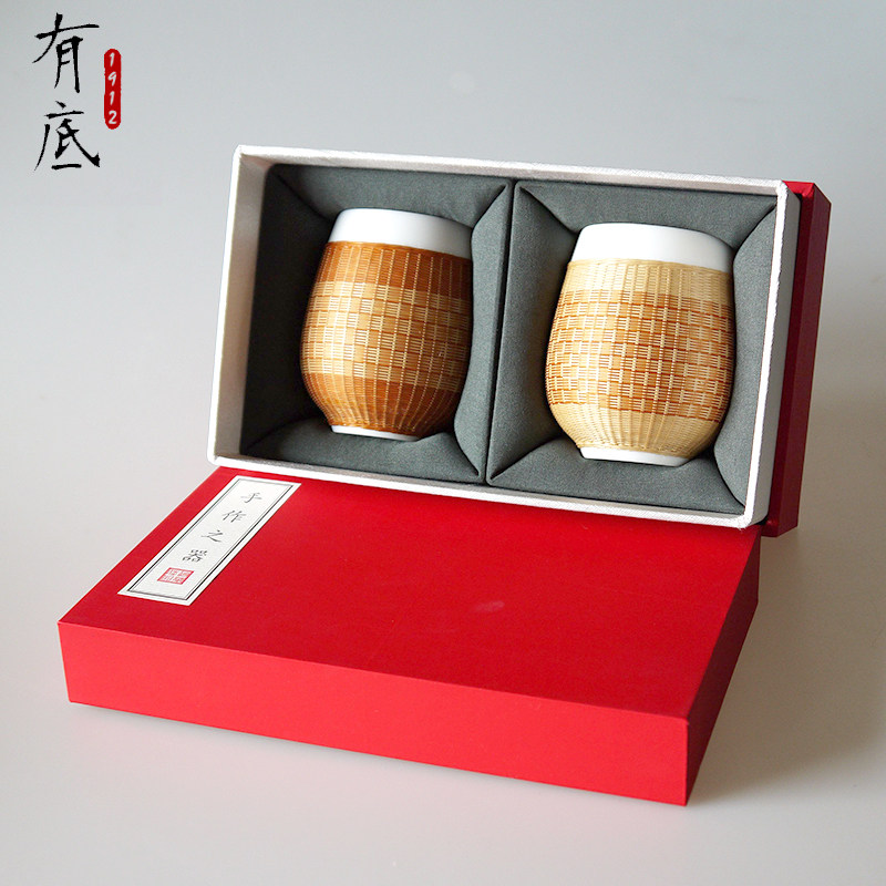 节日品茶具装瓷胎竹编茶杯竹丝扣瓷送朋友长辈