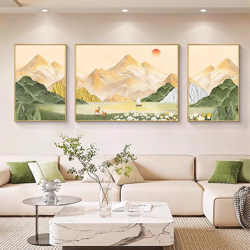 日照金白墙画现代简约背景墙壁画三联挂画