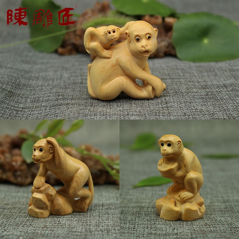 陈雕匠乐清黄杨木猴牛木雕动物工艺品