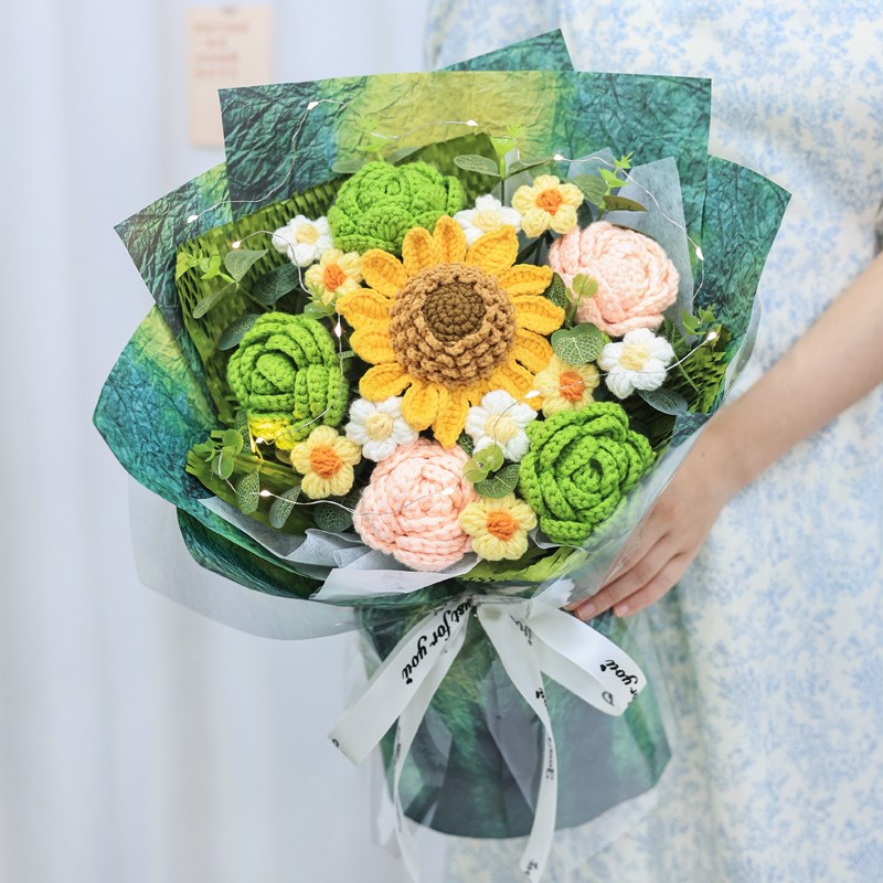 针织向日葵玫瑰花束手工编织毛线花成品生日礼物送女朋友闺蜜妈妈