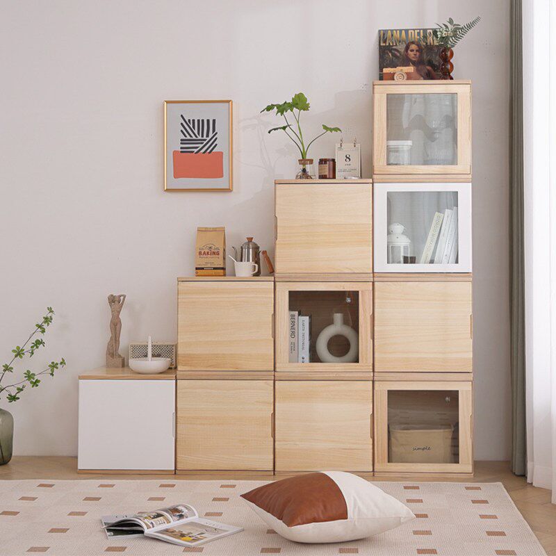 实木自由组合格子柜带门钢化玻璃简易书柜书架收纳储物单个小木柜