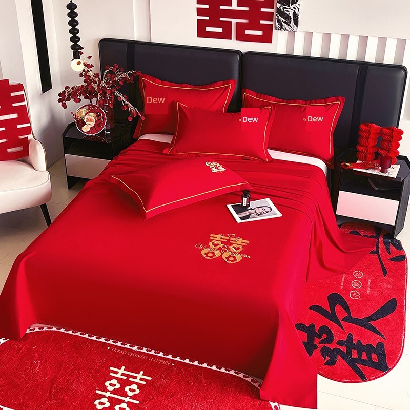 大红色结婚床单单件女方陪嫁婚庆被单枕套三件套酒店布置接亲