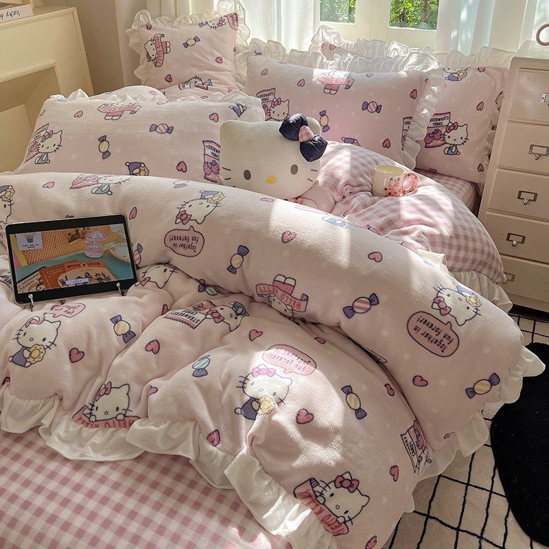甜心少女猫咪软糯四件套宿舍加厚宝宝绒床品床笠,床上用品,床品套件/四件套/多件套,淘宝优惠券,粉丝福利购,淘宝优惠卷