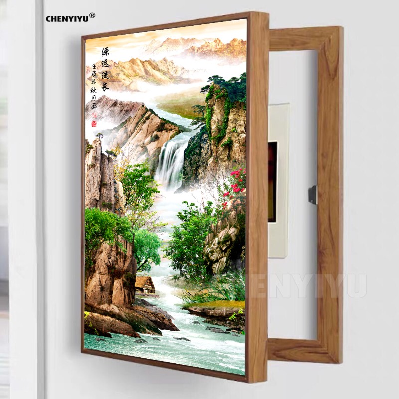 定做定消栓箱画开门翻盖挂画电箱成品画有框画木色框