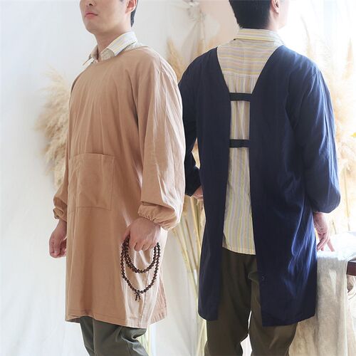 日式全棉水长袖罩衣艺术画室工作服耐用脏厨房烘焙家用反穿衣