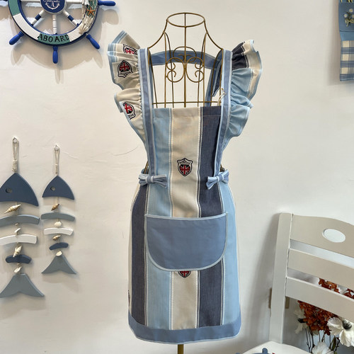 海军蓝盾牌文艺污绘画画围裙女韩版工作厨房花边做饭罩衣