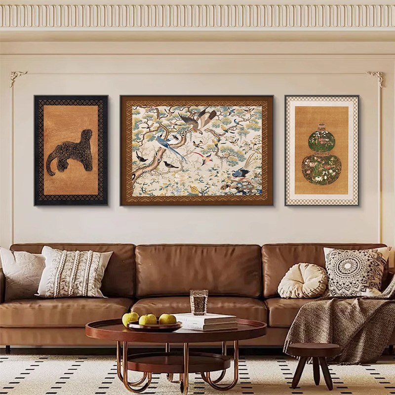 中古风客厅装饰画复古轻奢沙发背景墙挂画艺术抽R象卧室床头三联图片