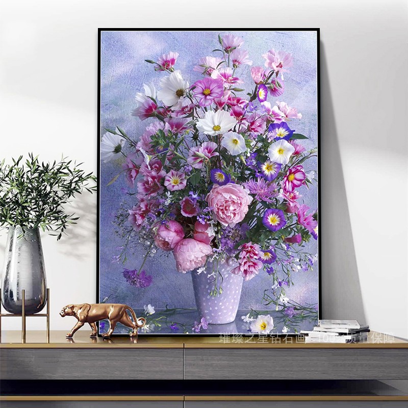 满钻钻石画餐厅花卉点贴钻十字绣紫色花瓶小幅
