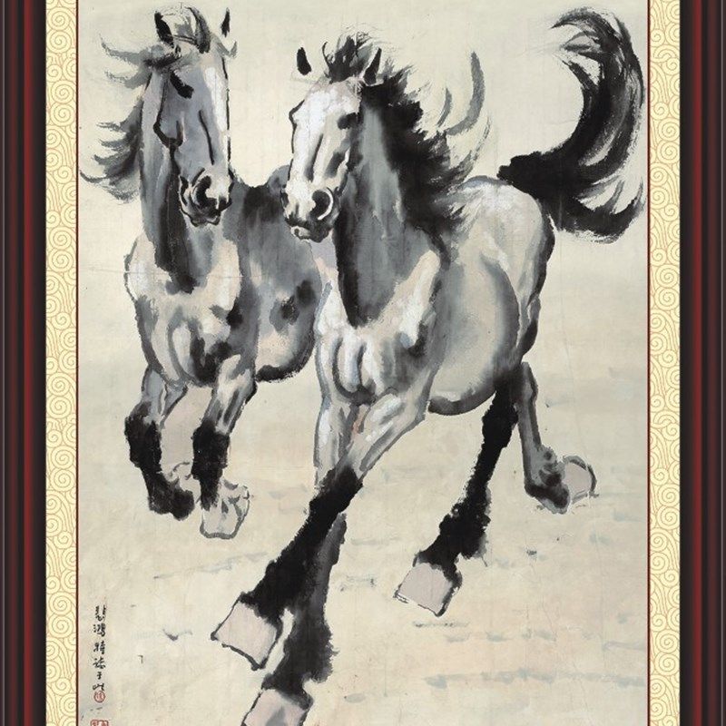 中国名画徐悲鸿马到成功奔马双马绘画艺术中堂画画