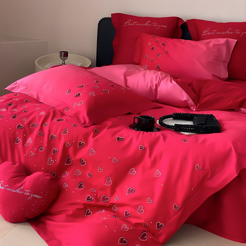 渐变爱心婚庆纯棉四件套长绒棉女方陪嫁被套全棉结婚床上用品喜被