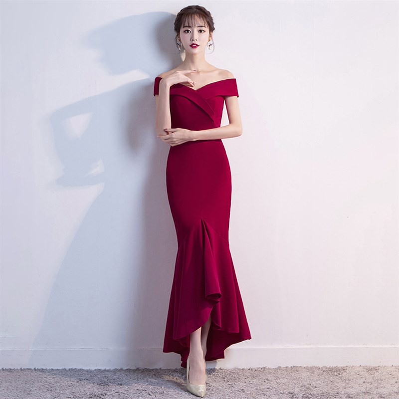 婚礼聚会年会敬酒服新娘婚宴结婚夏季鱼尾长款一字肩性感订婚礼服