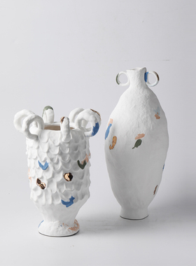 复古新中式侘寂风手工陶瓷双耳小口大花瓶花器果盘摆件样板间装饰