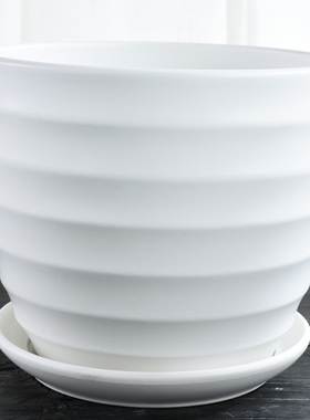 花盆陶瓷带托盘白色圆形简约大号特大号绿萝吊兰创意盆栽绿植花盆