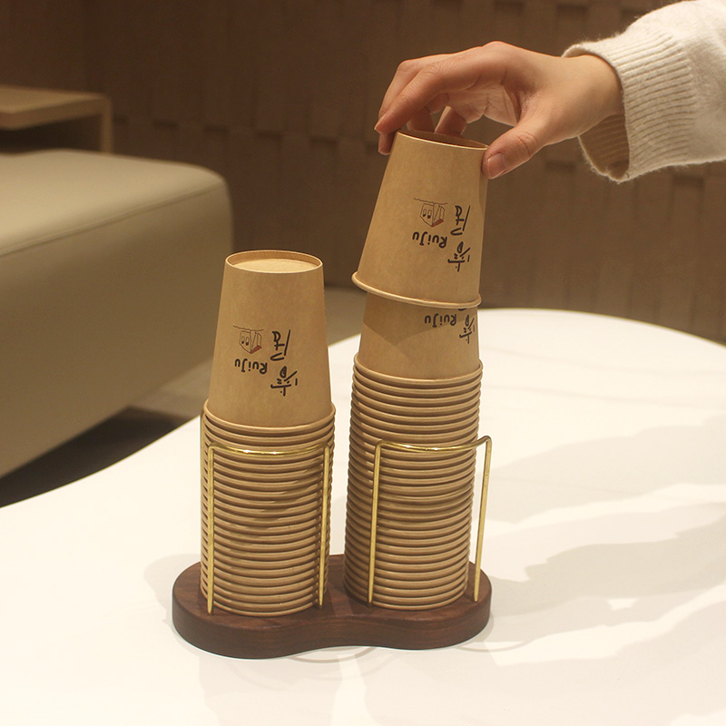 一次性杯架高档实木黄铜纸杯取杯架商务办公室纸杯收纳置物架桌面