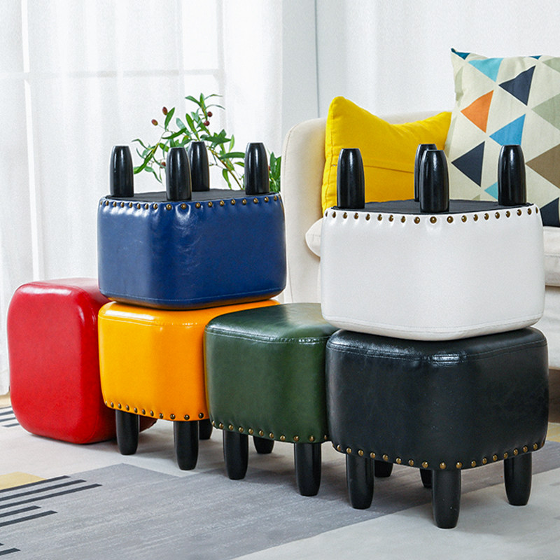 方凳客厅家用换鞋凳茶几凳美式搁脚凳矮实木皮艺矮小踏墩子沙发凳