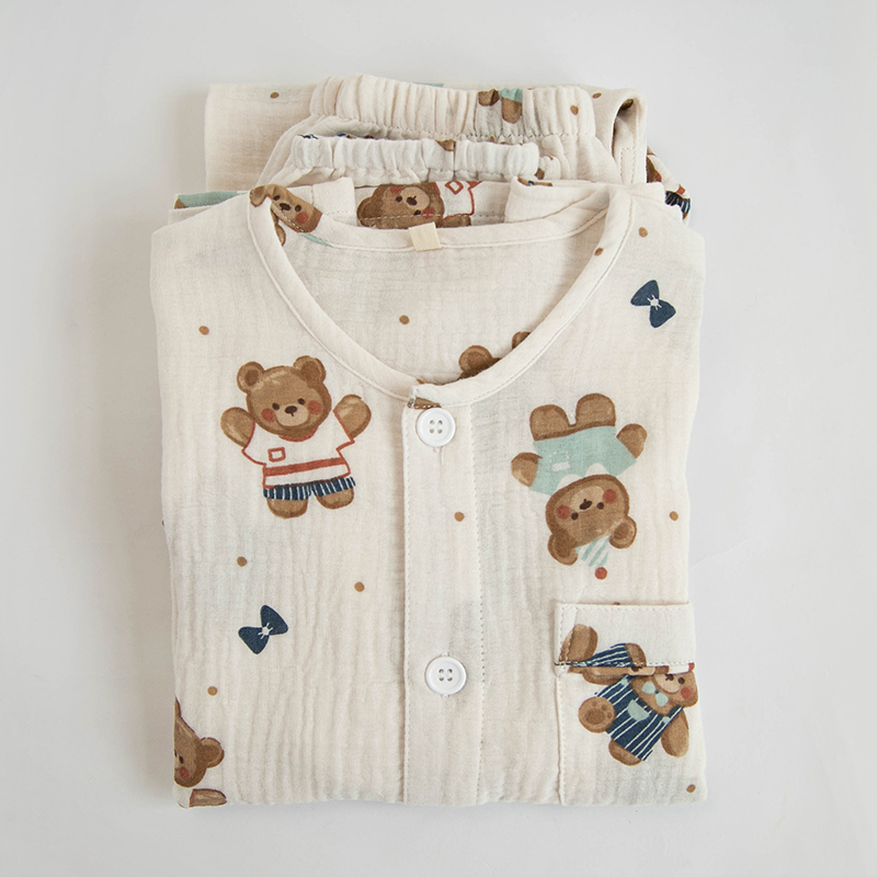 春秋可爱熊全棉双层纱布儿童男童睡衣长袖男孩夏纯棉邹布家居服套