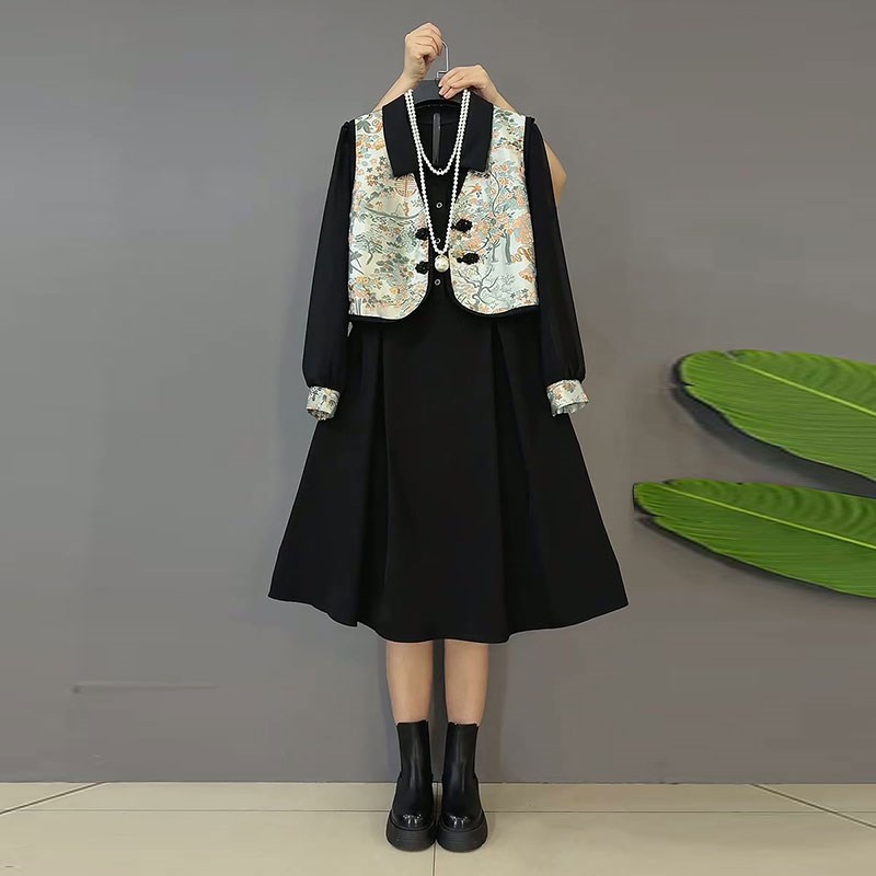 时尚新中式洋气复古连衣裙马甲显瘦两件套胖妹妹冬季新款大码套装