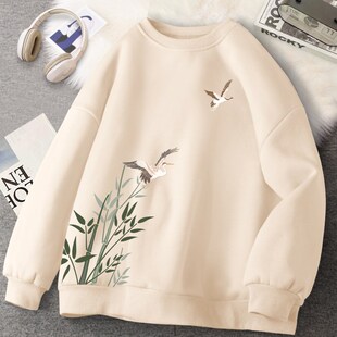 女士无帽卫衣女秋季2024新款秋装奶黄色圆领上衣春秋薄款秋装衣服