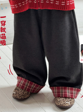 31776【新年圣诞款】bi8bo2025冬季新款男女宝同款加绒格子呢子裤