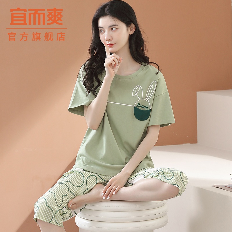 新款纯棉短袖印花七分裤睡衣女士