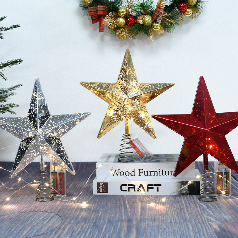 耶诞树树顶星金银红五角星发光电池盒高级感耶诞树顶部装饰星星灯