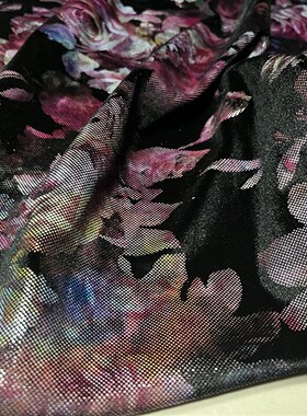 高弹力黑色底金丝绒时装布料 粉系朦胧玫瑰花烫皮工艺面料 棒球衫