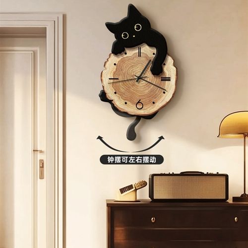 中古风猫咪钟表挂钟客厅2025新款原木风时钟挂墙高级感儿童房挂表