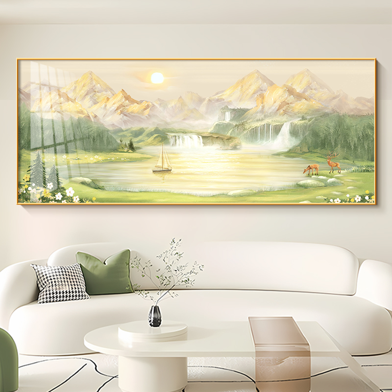 日照金山客厅装饰画现代简约挂画办公室高端大气聚宝盆横版山水画