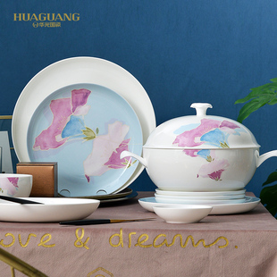 华光陶瓷国瓷 骨瓷餐具套装 碗碟套装家用 高温釉中彩 西欧式朝颜