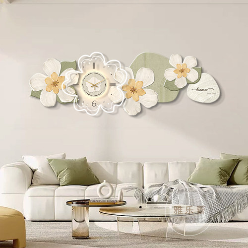 奶油风客厅装饰画艺术花卉壁画带钟表画氛围感灯画沙发背景墙挂画