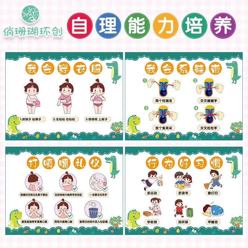 幼儿园生活区自理能力环创清新擦鼻涕擦屁股流程步骤示意图墙贴纸