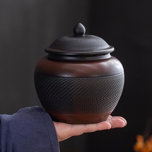 紫陶茶叶罐密封罐陶瓷紫砂醒茶罐储存罐复古大号罐子防潮简约家用