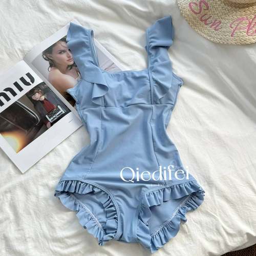 《奶油蓝》韩国新款ins风遮肚显瘦连体小胸遮肚显瘦度假温泉泳衣