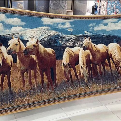 蒙古国纯羊毛客厅背景墙卧室书房长方形八骏风景装饰画挂毯壁毯