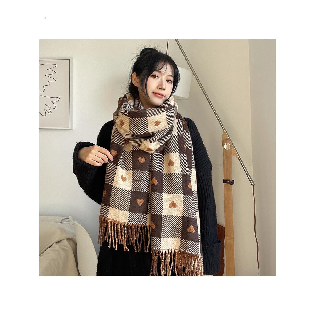 双面爱心格子围巾女冬可爱学生韩版百搭披肩加厚外搭围脖保暖护颈