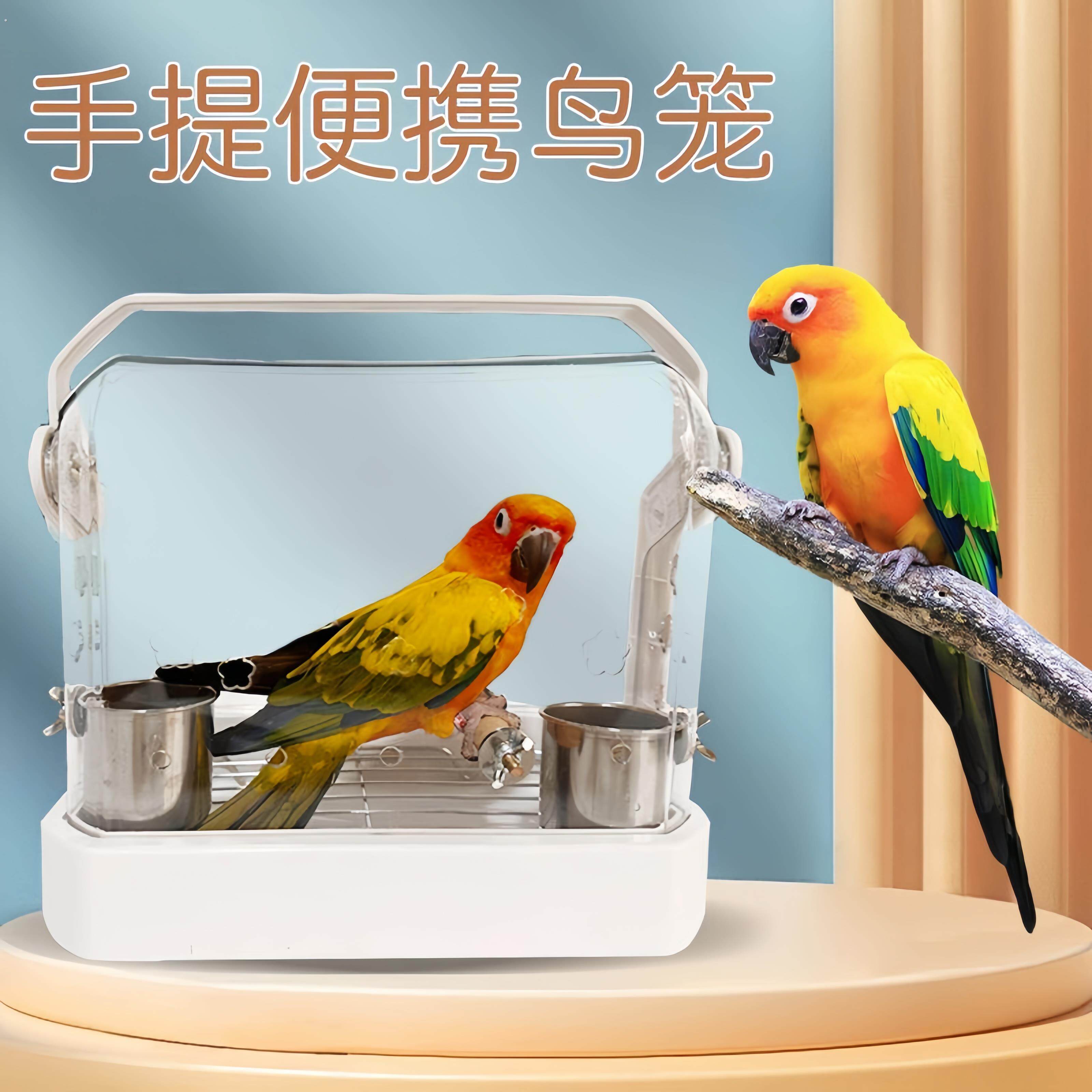 外出鸟笼鹦鹉笼子可携式透明可视饲养鸟笼可带食盘站杠可携式观赏