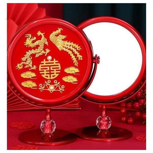 镜子可携式化妆镜台式立柱创意镜双面结婚陪嫁红色高档欧式婚礼旋