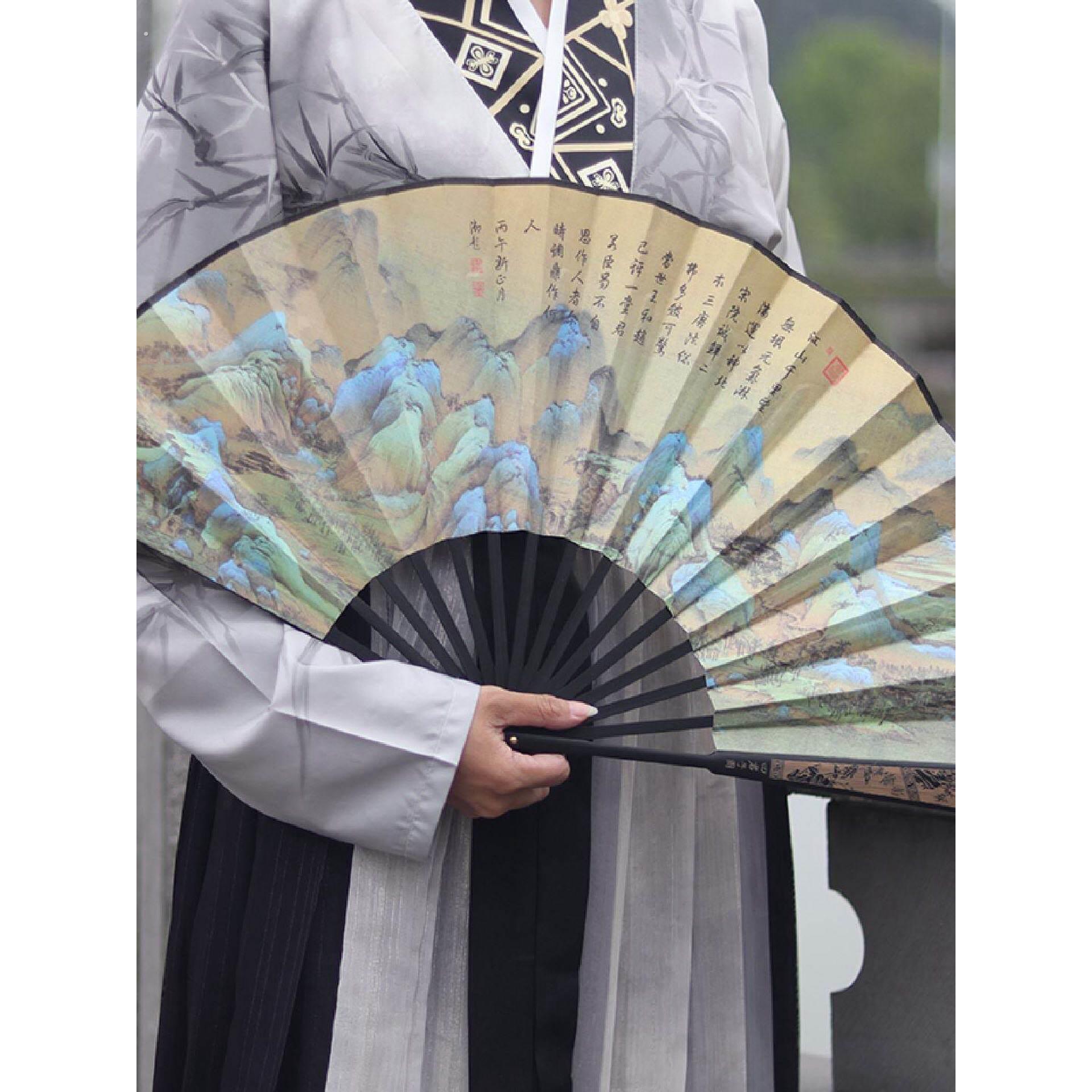 中国风山水画折扇古风舞蹈扇子摄影道具手工竹制扇骨工艺扇
