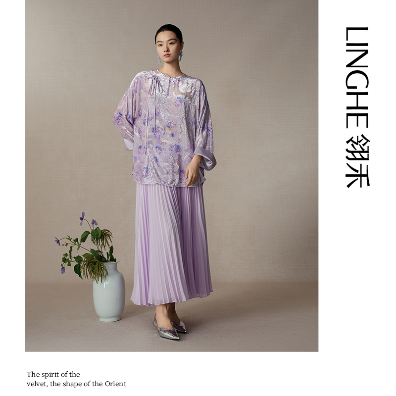 翎禾LINGHE-新中式桑蚕丝真丝烧花衬衫复古国风宽松紫色长袖上衣