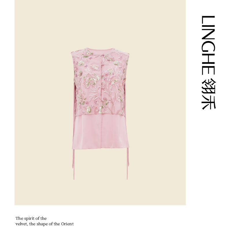翎禾LINGHE-「国色芳华」重工钉珠绣花真丝上衣夏新中式复古衬衫