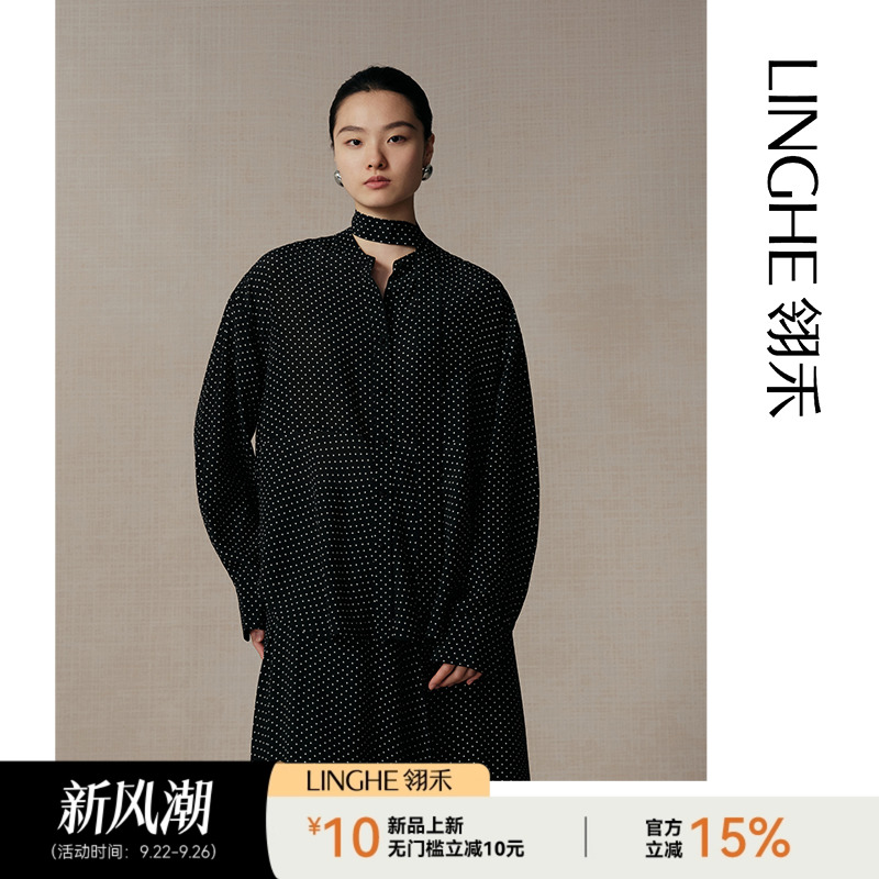 翎禾LINGHE-秋冬气质时尚百搭波点飘带长袖衬衫休闲宽松黑色上衣
