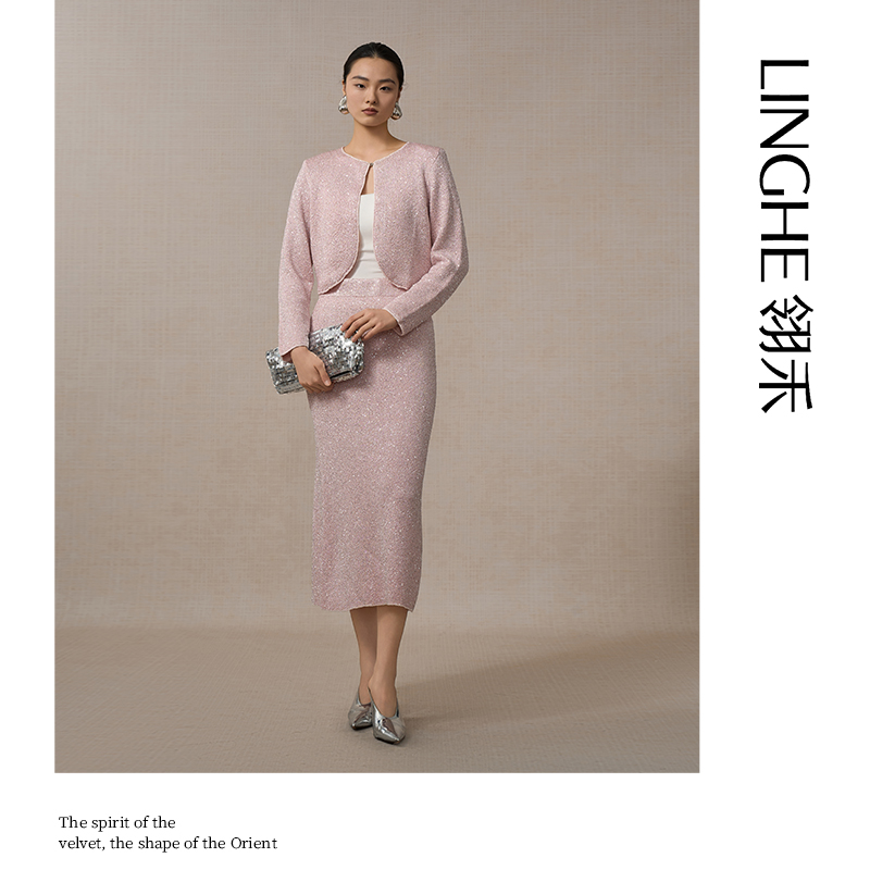 翎禾LINGHE-珠光细闪百搭小开衫外套半裙套装女时尚小香风两件套