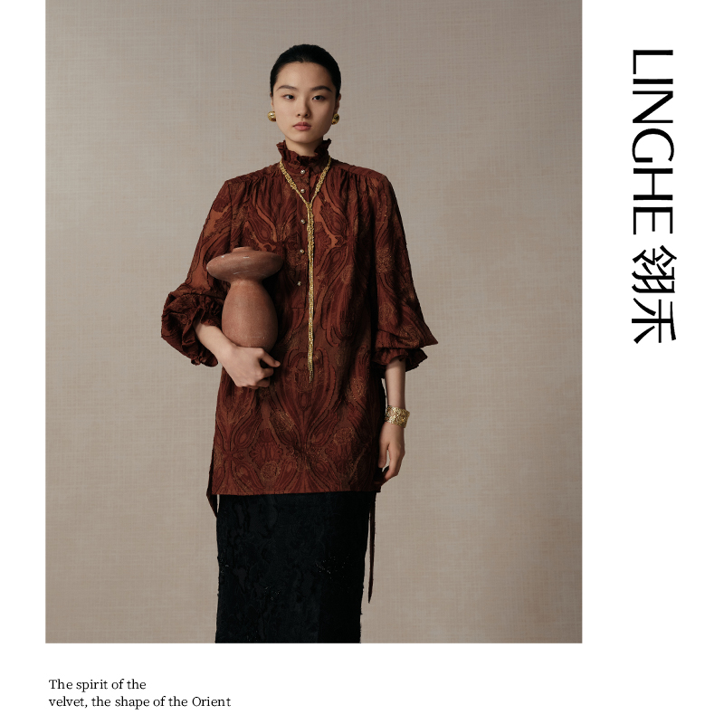 翎禾LINGHE-「一捻红」法式花边立领长袖衬衫