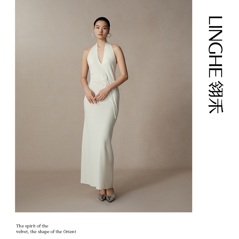 翎禾LINGHE-「凌波仙」无袖V领针织连衣裙重工郁金香