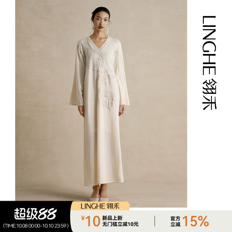 鲲鹏羊绒刺绣钉珠连衣裙