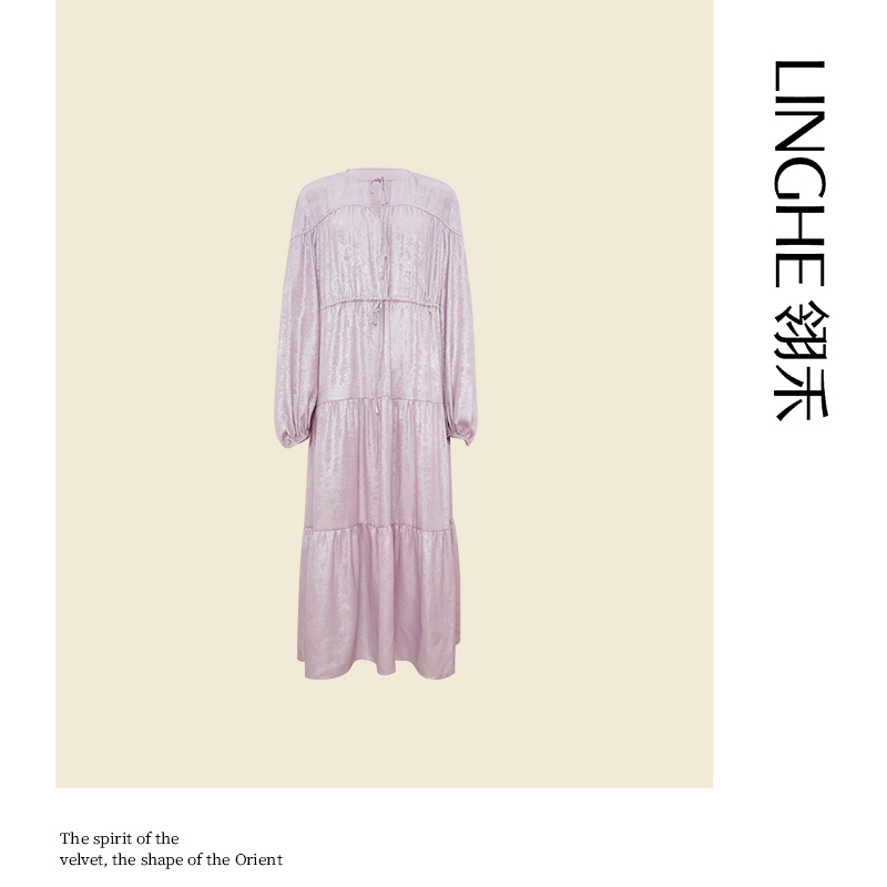 翎禾LINGHE-「木槿花开」秋冬宽松气质法式灯笼袖连衣裙绑带长裙