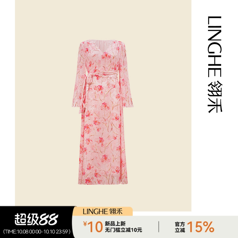 翎禾LINGHE-真丝桑蚕丝烧花茶歇裙新中式国风秋新款V领收腰连衣裙